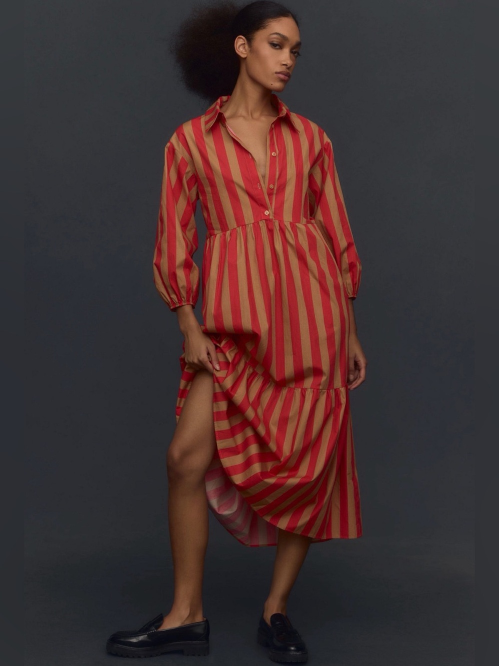 Maeve by Anthropologie The Bettina Tiered Shirt Dress Striped Pink Tan Size M